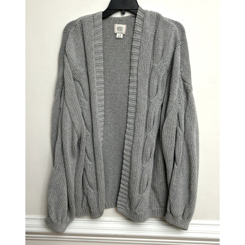 BDG Skylar Oversized Cable Knit Cardigan Sweater Gray L Slouchy Balloon Sleeve